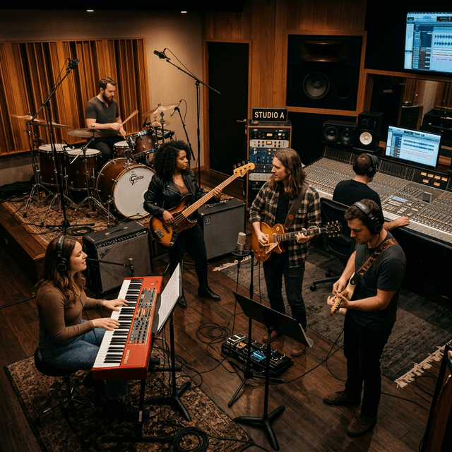 Band creating music in studio